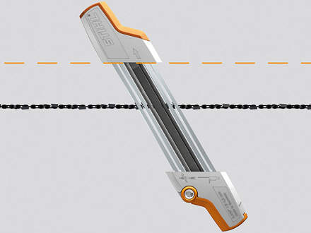 :2-in-1 file holderSTIHL recommends the 2-in-1 file holder if you want to sharpen the cutters and lower the depth gauges in a single operation.Like the standard file holder, the 2-in-1 file holder keeps the file at the correct height in the cutter. The arrangement of the handles and markings offers you a very good optical guide to maintaining the 30° filing angle.