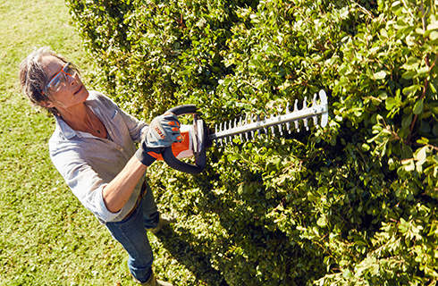 Overhead view of a woman wearing safety glasses and gloves trimming a tall hedge with a STIHL HSA 56 cordless hedge trimmer
