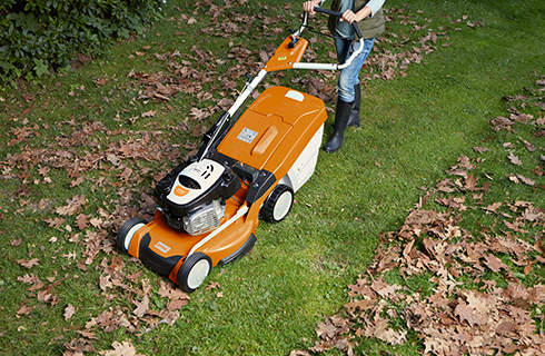 A lawn mower being used to collect fallen autumn leaves from a lawn