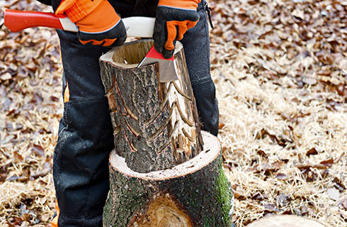 DIY log lantern: bark being removed from a log lantern with a STIHL AX 6 forestry hatchet
