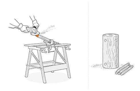 Illustration: In a vice the ends of the branches are sharpened with an angle grinder