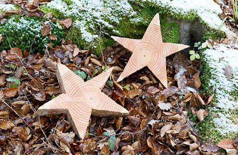 Make a wooden star: two wooden stars on leaves and snow-covered moss